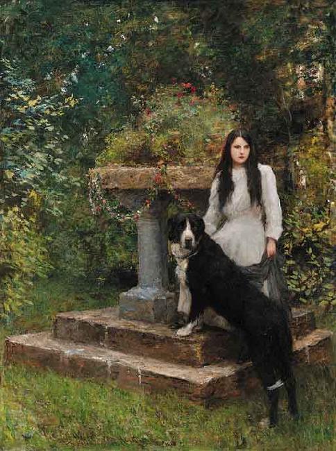 Sir Hubert von Herkomer,RA,RWS A young girl and her dog